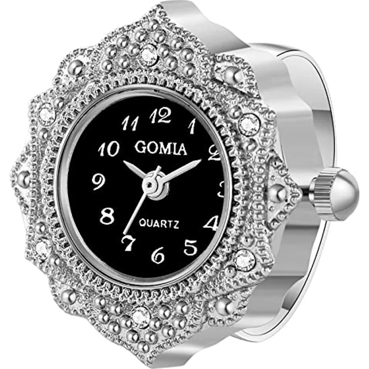 JewelryWe Ringuhr Damen Analog Quarz Retro Edelstahl mit Schwarz Rundem Zifferblatt und Silber Gehäuse, Wasserdicht, Verstellbar – Bild 1