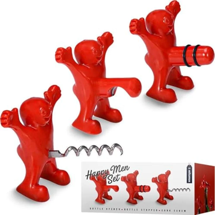 MikaMax Happy Men Set, Weinöffner Geschenkset, Flaschenöffner, Weinflaschen-Korkenzieher, Bierflaschenöffner, 8 cm Groß, Lustige Barzubehör Männer – Bild 1