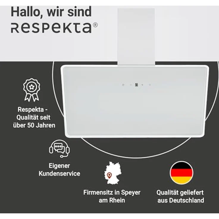 Respekta Schräghaube Lora 90 cm, Dunstabzugshaube in Weiß, EEK A++, 207,2 m³/h Luftstrom, Touch Control, LED-Beleuchtung – Bild 9