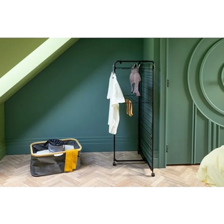 Brabantia HangOn Tower Drying Rack, 23 m (Mattschwarz), klappbar mit Rollen und Aufhängehaken, platzsparender Standtrockner – Bild 2