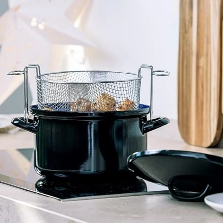 BK Fortalit Emaillierter Stahl Induktionskompatibel 24cm/3L Fritteuse Bratentopf mit Deckel, spülmaschinenfest, PFAS-frei, Schwarz – Bild 4