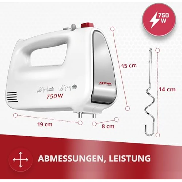 MPM Handmixer MMR-19/B, 750 W mit 5 Geschwindigkeitsstufen, Turbo-Funktion und Sicherheitsschutz, Weiß – Bild 3