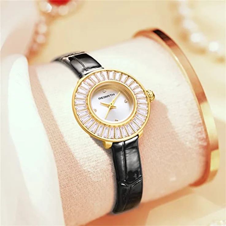 JewelryWe Trapezförmige Damenuhr Analog Quarz, Kristall, Echtleder Armband, 30m Wasserdicht, Schwarz – Bild 4