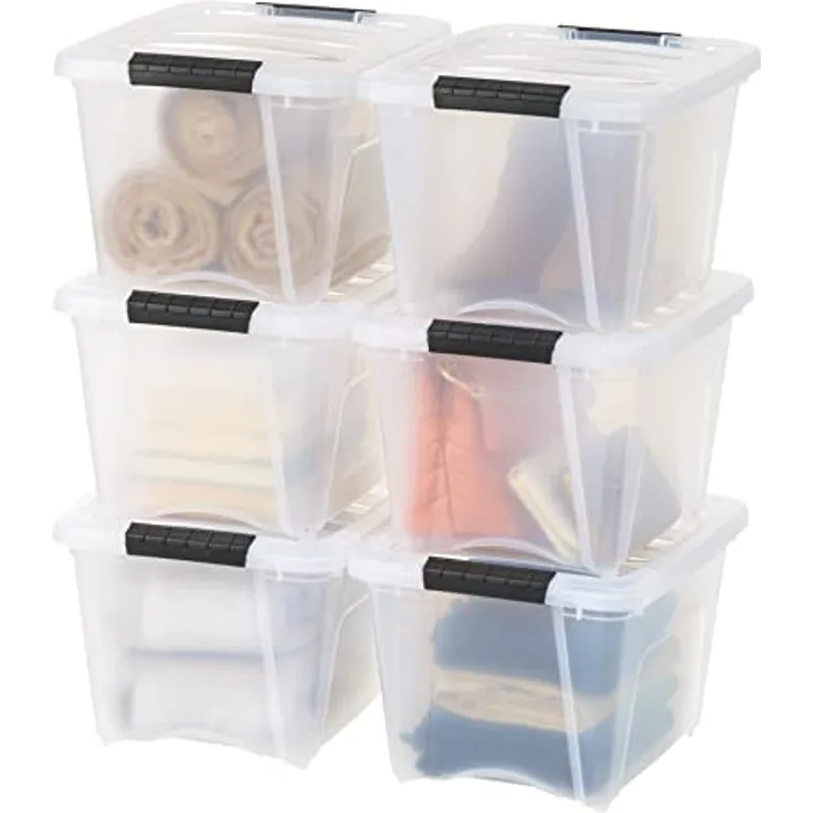 Iris USA 19 Qt Kunststoff-Aufbewahrungsbehälter mit robustem Deckel und sicheren Verriegelungsschnallen, stapelbar und stapelbar, 6 Stück, transparent mit schwarzer Schnalle
