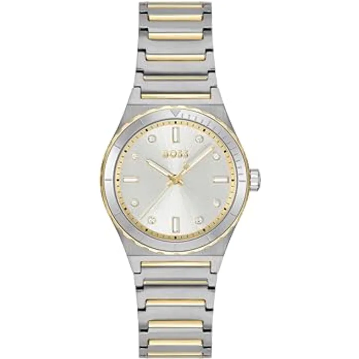 BOSS Quarzuhr CANDOR LADIES SPORT 1502790, Damenuhr mit analoger Anzeige, Edelstahlarmband in Silber und Gold, Zifferblatt mit Glassteinen, spritzwassergeschützt