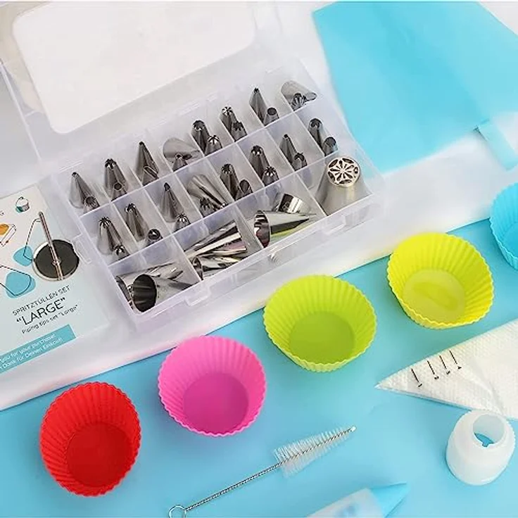 Wenburg Premium Qualität Spritztüllen Set 75-teilig, Backzubehör mit 50 Tüllen, 2 Silikonspritzbeuteln, E-Book, ideal für Tortendekoration, Edelstahl und spülmaschinengeeignet – Bild 2