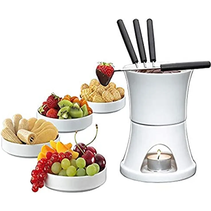 Cilio Schokoladenfondue 10-tlg. , Schokoladen-Fondue-Set aus feuerfestem Hartporzellan , ø 12 cm , Inkl. Fonduetopf, Rechaud, 4 Fonduegabeln, 4 Schüsseln aus Porzellan und 1 Teelicht