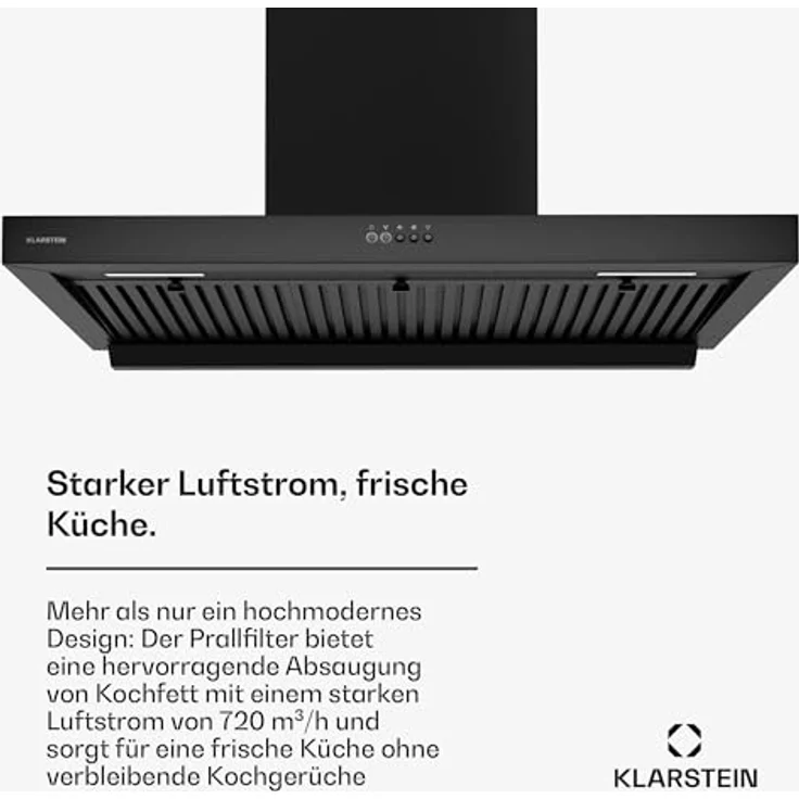 Klarstein AeroClean Dunstabzugshaube 90 cm, Wandhaube mit Boost-Modus 721 m³/h, A++ Energieeffizienz, LED-Beleuchtung 3800-4200 K, Drucktasten, Schwarz, Abluft & Umluft – Bild 2