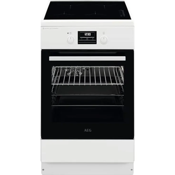 AEG Standherd mit Induktions-Kochfeld 50 cm / SteamBake-Feuchtigkeitszugabe / AirFry-Rost / Grill / A / Versenkknebel / Display mit Uhr / 2 Paar Teleskopschienen / Weiß - CIB56494BW