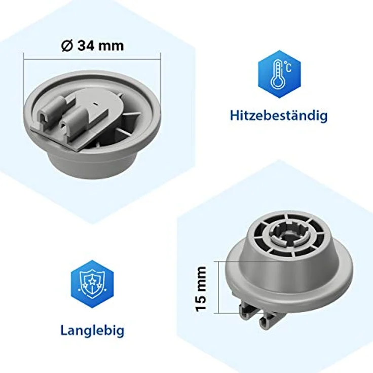 VIOKS Korbrollen 4 x Spülmaschinen-Rollen, Ersatz für Bosch 00611475, Siemens 611475, Küppersbusch 436718, grau, mit Rollenhalter für Unterkorb Geschirrspüler – Bild 3