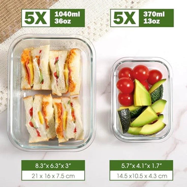 YASHE Glasbehälter Set, 10 Teile Stapelbar & Luftdicht, 5 x 1040ml & 5 x 370ml, Spülmaschinenfest, Mikrowellen- & Gefrierschrankgeeignet, BPA-frei und Auslaufsicher – Bild 2