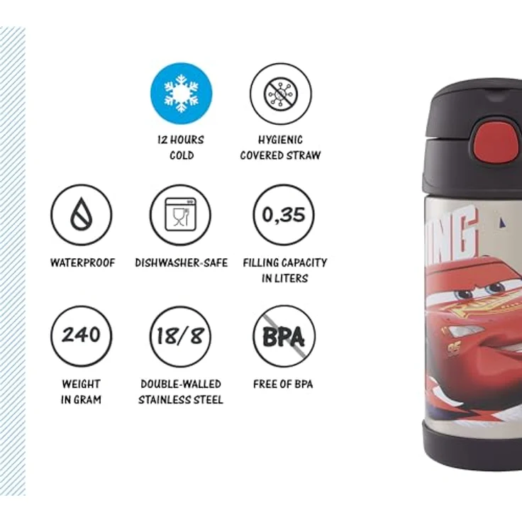 Thermos kids FUNTAINER STRAW BOTTLE DISNEY 0,35 l, Cars, Thermoflasche Kinder aus Edelstahl mit Trinkhalm, 12 h kalt, spülmaschinenfest, dicht ohne Kohlensäure, Disney Flasche für Kita, Schule – Bild 2