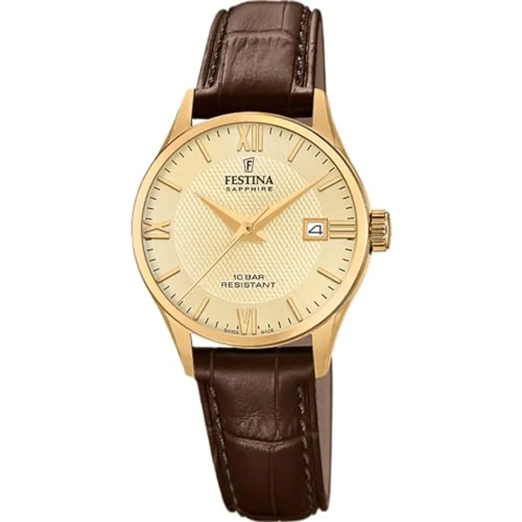 Festina Quarzuhr F20011/6, Damenuhr Swiss Made mit analoger Anzeige, Datum, goldfarbenem Gehäuse und dunkelbraunem Lederarmband – Bild 1