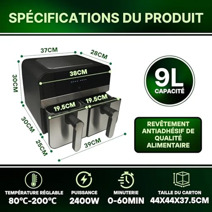 Comfy Nest CNAFD45NS digitale Doppelkorb-Luftfritteuse, 2400 W, 9 l, Edelstahl, 10 Kochfunktionen, Touch-Sensor-Steuerung, gesundes Kochen, silberfarben – Bild 3