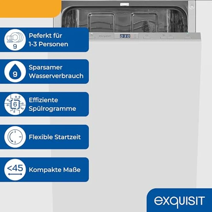 Exquisit EGSP52109-E-030E Geschirrspüler, 9 Maßgedecke, 6 Programme, kompakt, freistehend, Silber, Startzeitverzögerung, Intensiv-Modus, 45 cm – Bild 4