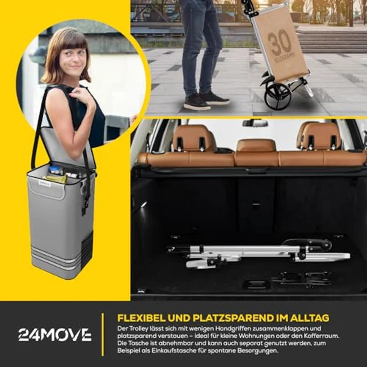 24MOVE® Einkaufstrolley Alegre, klappbar mit 55L Kühlfach, faltbarer 3in1 Trolley - Sackkarre und Tasche, grau, bis 30kg belastbar – Bild 5