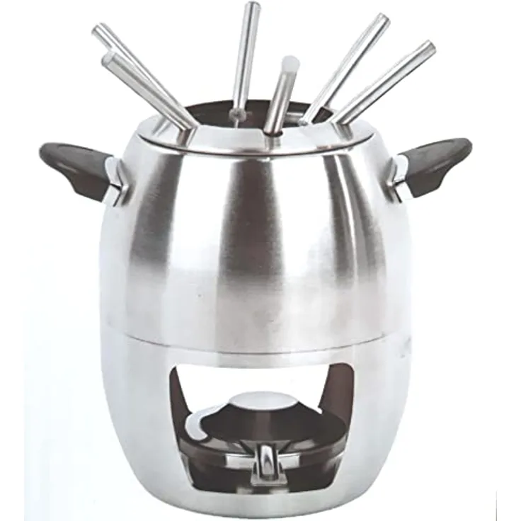 Edelstahl Fondue-Set mit 6 Edelstahl-Fonduegabeln Pastenbrenner