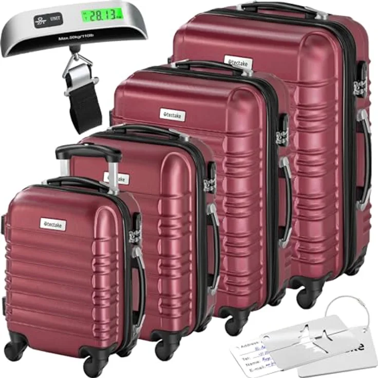 tectake®, 4tlg. Hartschalenkoffer Set, Reisekoffer Set mit Rollen, Hartschale aus ABS, Koffer Set mit Teleskopgriff und Schloss, inkl. Kofferwaage und Kofferanhänge, Trolley Größen S-M-L-XL - weinrot