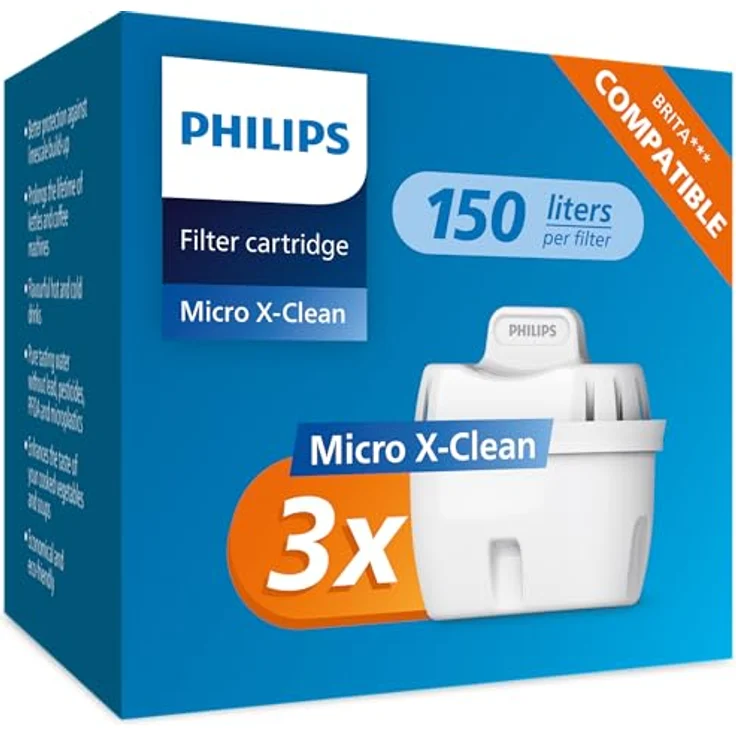 Philips AWP211/10 Micro X-Clean Filter – Passt Brita Maxtra, 3-Pack, Wasserfilter mit Reduzierung von Schadstoffen und Kalkschutz – Bild 1
