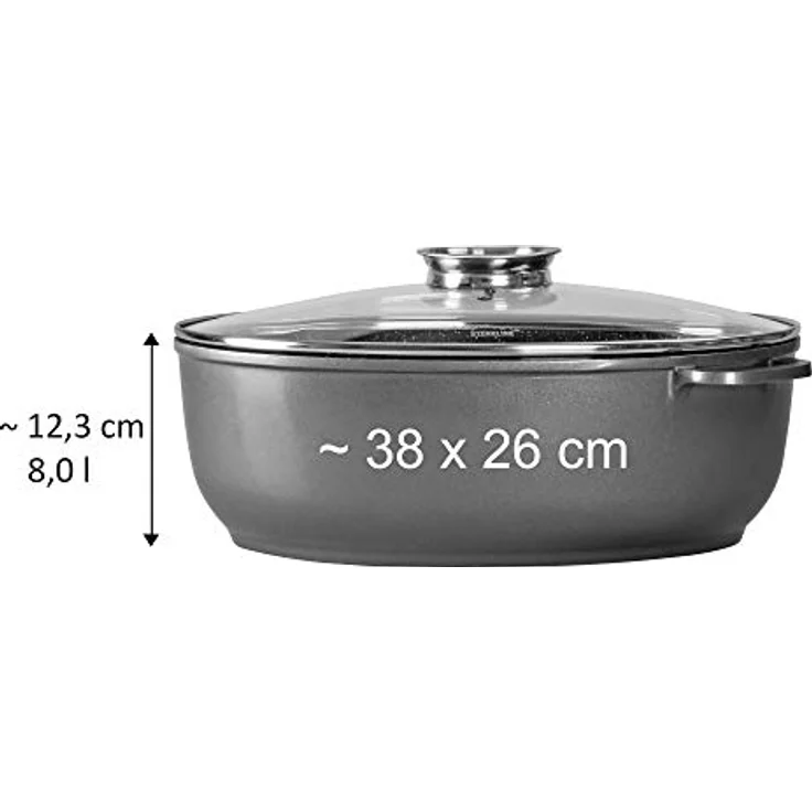 STONELINE Gourmet 38 x 26cm, oval, mit Aroma-Glasdeckel, induktionsgeeignet Bräter, Aluguss, Grau, 38 cm, 2-Einheiten – Bild 6