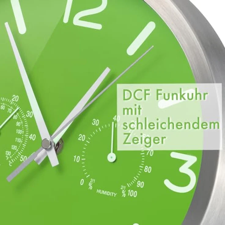 Bresser MyTime ND Funkuhr Wanduhr mit Thermo-Hygro Anzeige, geräuschlosem Uhrwerk, Edelstahlrahmen, grün, 250x250mm – Bild 5