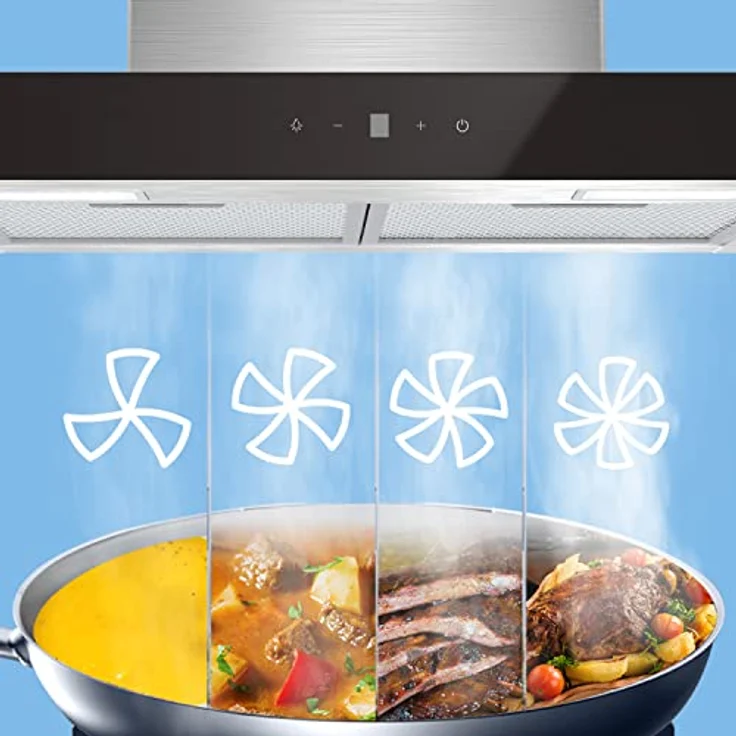 COMFEE' A+++ Dunstabzugshaube 60cm Umluft & Abluft, CHW 7.6M77A3 650m³/h Wandabzugshaube mit 1 Kohlefiltern, 4 Geschwindigkeiten, Touch Control, LED-Beleuchtung Wandhauben, Glas in Inox, Schwarz – Bild 4