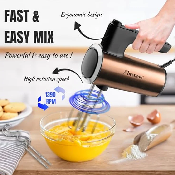 Bestron Power Handmixer AHMD100CO, 400W mit 6 Geschwindigkeitsstufen, Turbo-Funktion & LCD-Display, inkl. 2 Schneebesen & 2 Knethaken, leichtgewichtig, Farbe: Kupfer – Bild 3