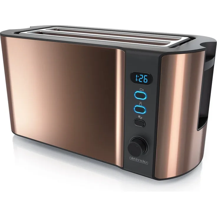 Arendo Frukost 4-Scheiben Langschlitz-Toaster, 1500 W, mit Display und Brötchenaufsatz, Edelstahl