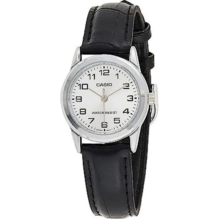 Casio Damen Analog Quarz Uhr mit Leder Armband LTP-V001L-7, Edelstahlgehäuse, wasserdicht, weiß
