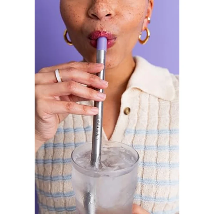 LifeStraw Sip, Wiederverwendbarer Edelstahl Wasserfilter-Strohhalm mit Aktivkohlefilter und Trageetui, Distelviolett – Bild 5