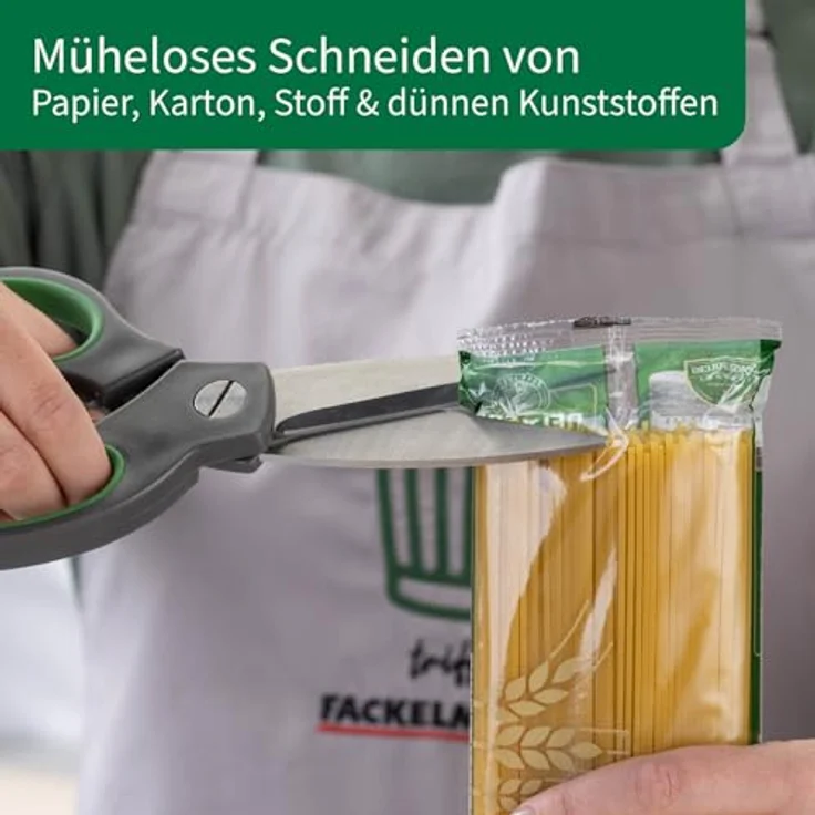 FACKELMANN Küchenschere – Robuste Multifunktionsschere mit Edelstahlklingen und ergonomischem Soft-Grip Griff, silber und grün – Bild 3