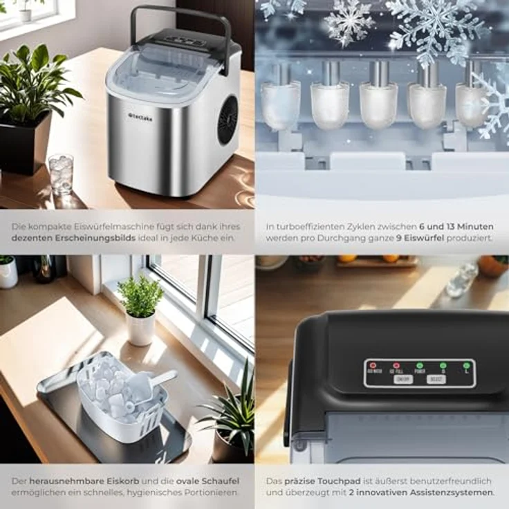 tectake® Eiswürfelmaschine, Ice Maker, Eiswürfelbereiter mit 2 Eiswürfelform für kleine und große Würfel, silber – Bild 4