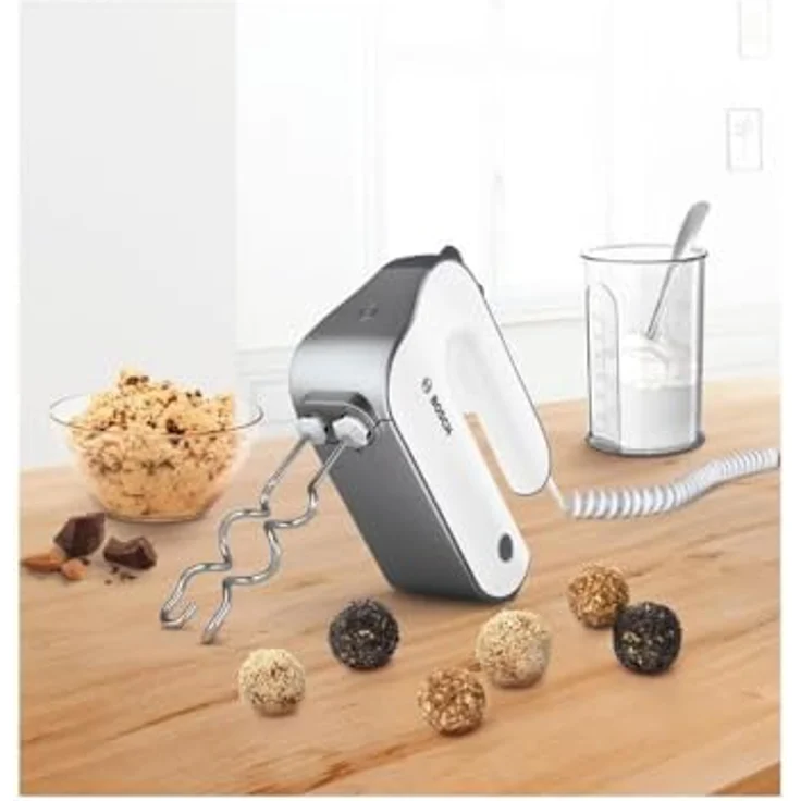 Bosch MFQ49700 Styline Handmixer, 850W, 5 Geschwindigkeitsstufen, inkl. Edelstahl Rührbesen und Knethaken, Spiralkabel, inkl. Stabmixer-Aufsatz, Mixbehälter (0,6L), weiß, dark silber – Bild 3