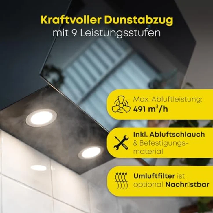 Bomann DU7606.1 G Kopffreihaube, Wandmontage, Anzahl Gebläsestufen 3, Breite 60 cm, edelstahl, schwarz – Bild 4