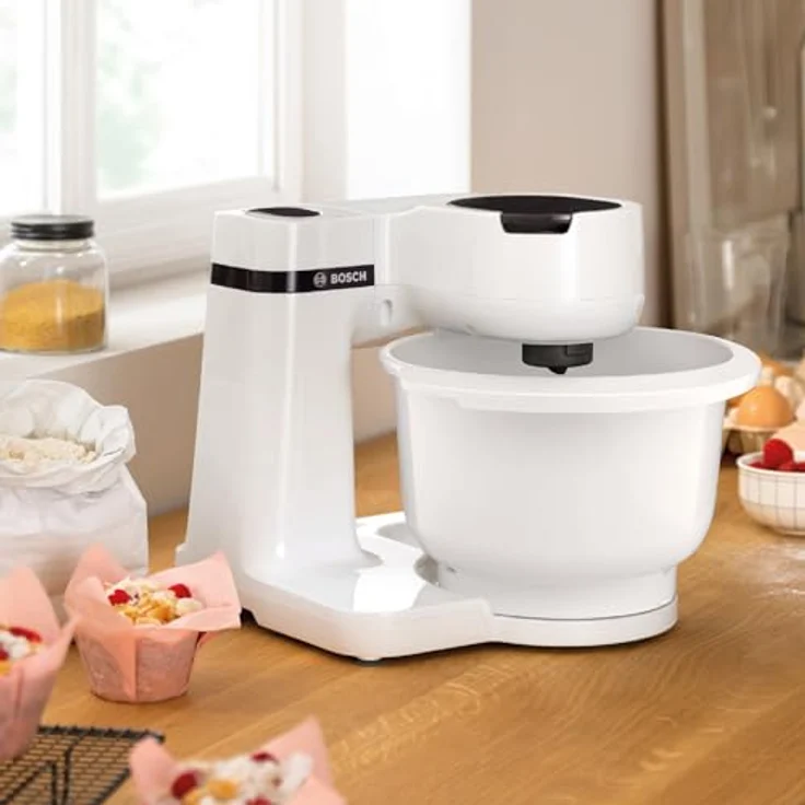 Bosch Küchenmaschine Serie 2 MUMS2AW01, 3,8l Kunststoff-Schüssel, Durchlaufschnitzler, 4 Scheiben, 4 Stufen, Knethaken/Rührbesen/Schlagbesen, spülm.fest, 700 W, weiß – Bild 2
