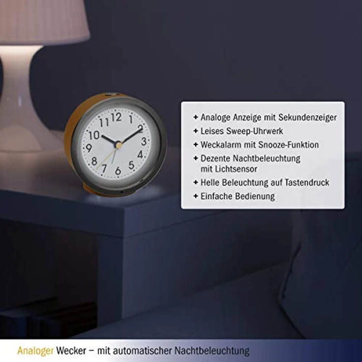 TFA Dostmann TFA 60.1034, analoger Quarzwecker mit lautlosem Sweep Uhrwerk, Nachtbeleuchtung und Snooze-Funktion – Bild 5
