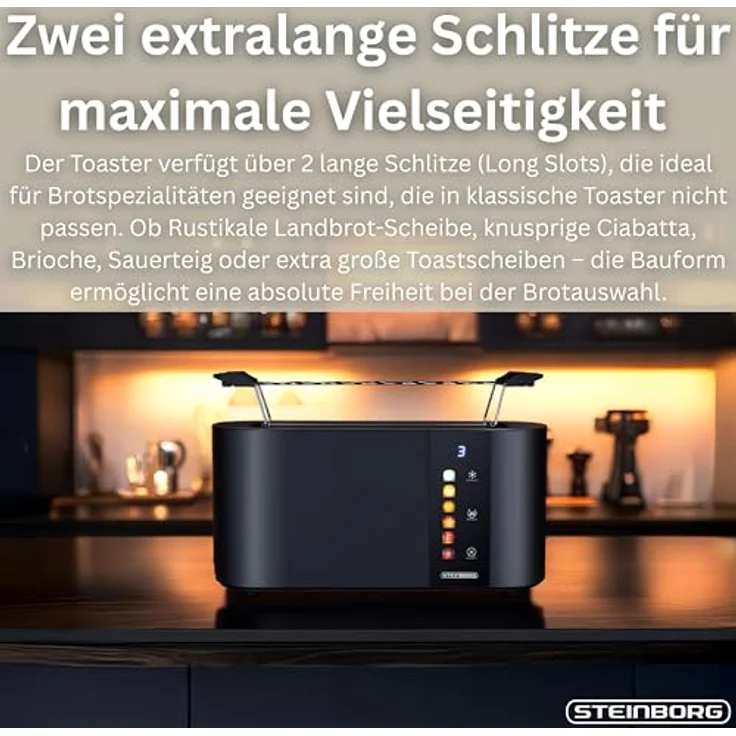 Steinborg® Langschlitz-Toaster 4 Scheiben, Automatik mit Brötchenaufsatz, Cool-Touch Edelstahl, digitales Display, selbstzentrierende Führung, Restzeitanzeige, automatische Abschaltung – Bild 3