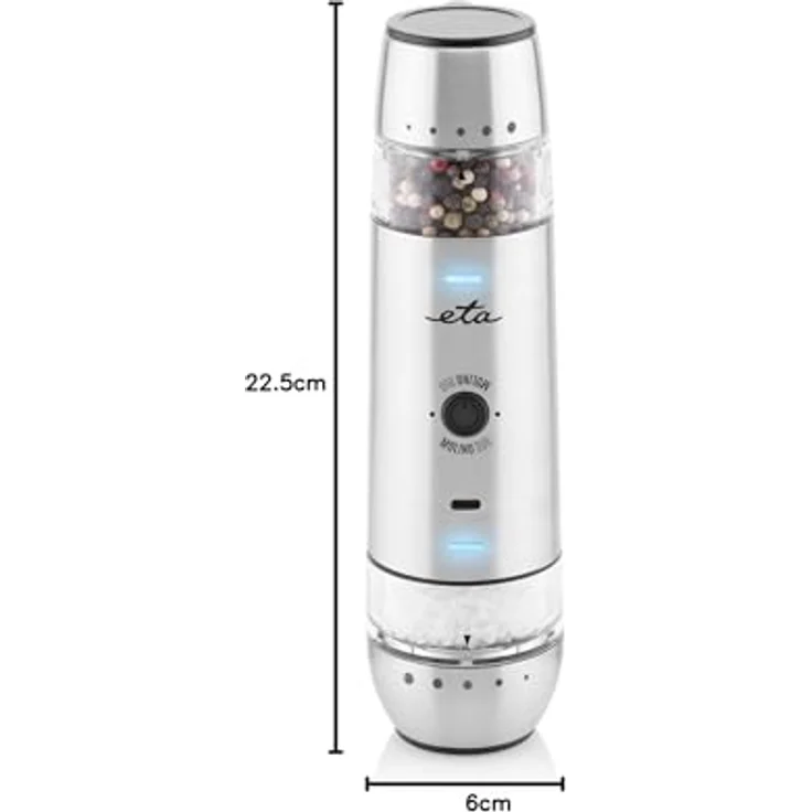 ETA Molino Duo, 2-in-1 Edelstahl Pfeffermühle + Salzmühle mit einstellbarem Mahlgrad und Akku, Silber – Bild 6