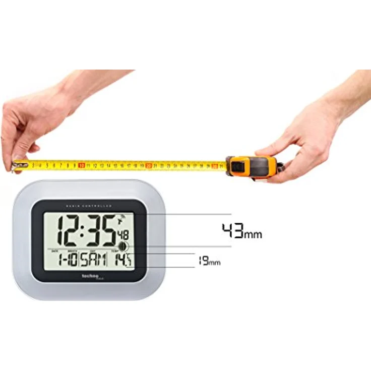 TechnoLine® WS 8005, digitale Funkwanduhr aus silbernem Aluminium mit Temperaturanzeige, Kalender und automatischer Zeitumstellung, 22,6 x 18,0 cm – Bild 2