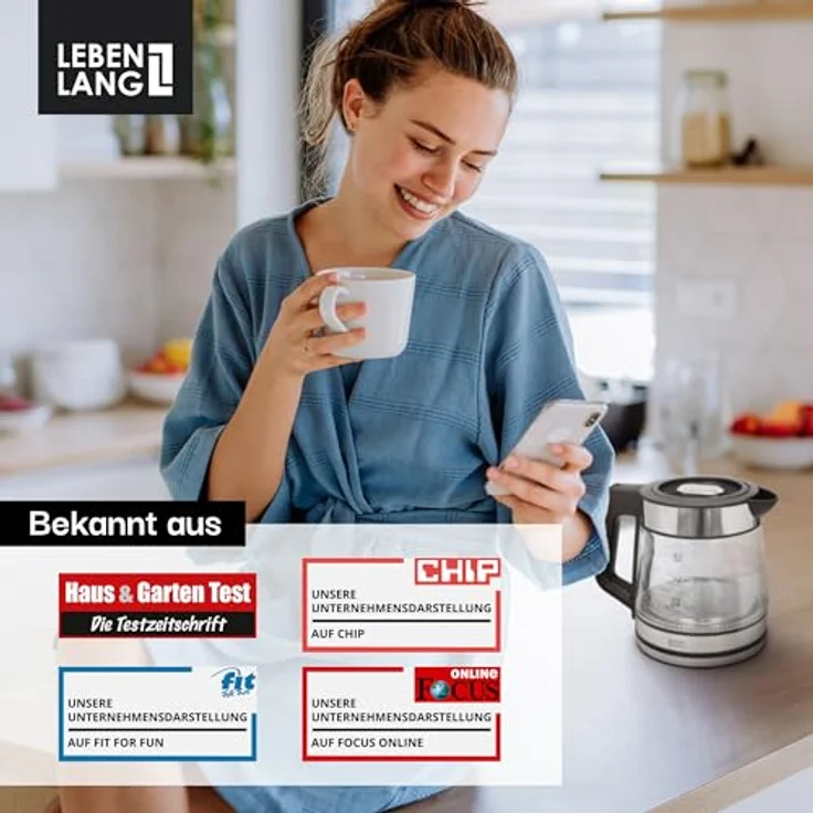 Lebenlang Glas-Wasserkocher 1,2 L, 1500 W – energieeffizient, 360°-Sockel, Edelstahl-Optik, automatische Abschaltung – Bild 6