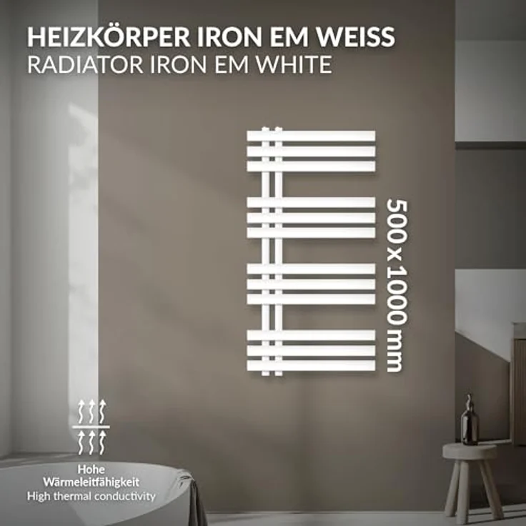 ECD Germany Design Badheizkörper 500 x 1000 mm, Weiß, Flach, Heizkörper mit Handtuchwärmer und einfacher Montage – Bild 2