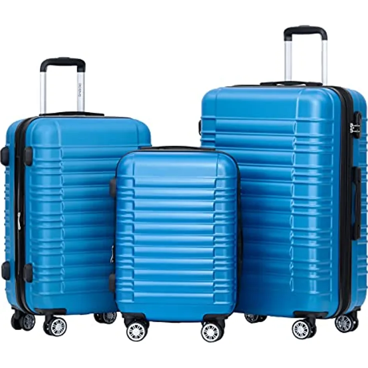BEIBYE Hartschalen Koffer Trolley Kofferset, 3-teiliges Set in Türkis mit Zwillingsrollen und Kombinationsschloss, erweiterbarer Stauraum