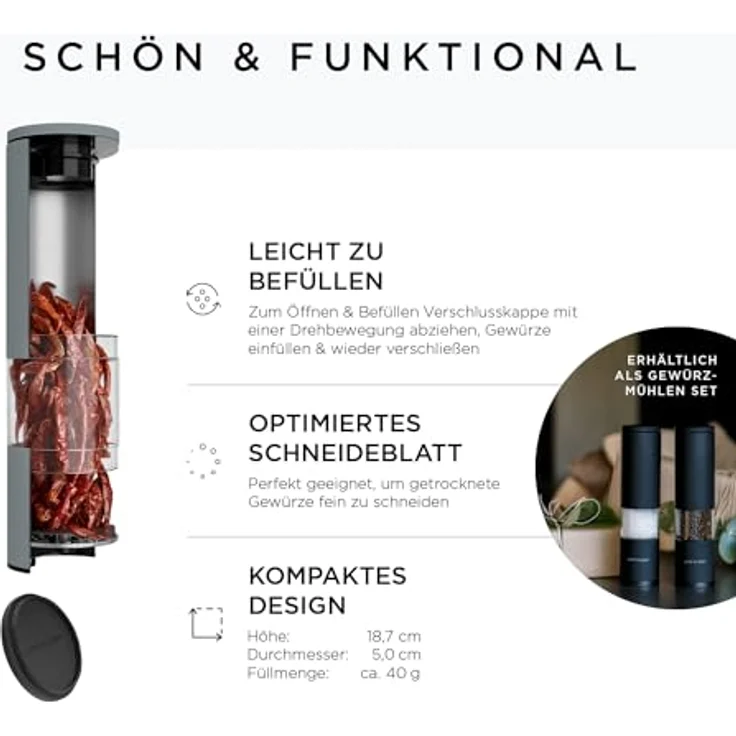 LARS NYSØM Chilimühle manuell mit einstellbarem Keramikmahlwerk von Grob bis Fein I Design Gewürzmühle (Cool Grey) – Bild 4