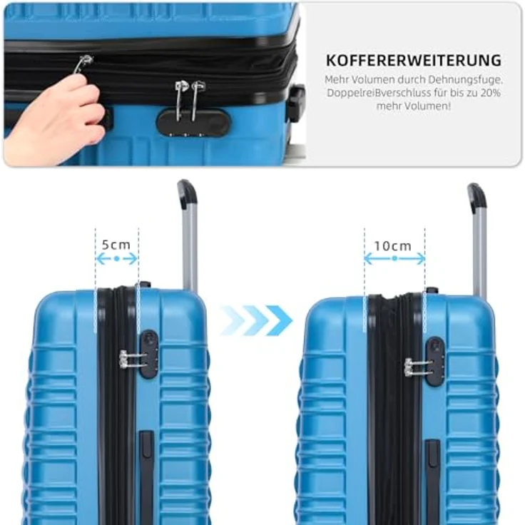BEIBYE Hartschalen Koffer Trolley Kofferset, 3-teiliges Set in Türkis mit Zwillingsrollen und Kombinationsschloss, erweiterbarer Stauraum – Bild 5