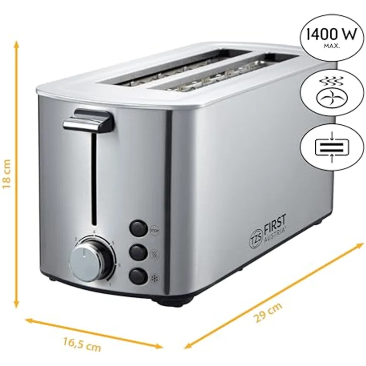 TZS First Austria FA-5367-5 Doppel-Langschlitz Toaster - 4 Scheiben, 1400W, Brötchenwärmer, Krümelablage, edelstahl – Bild 2