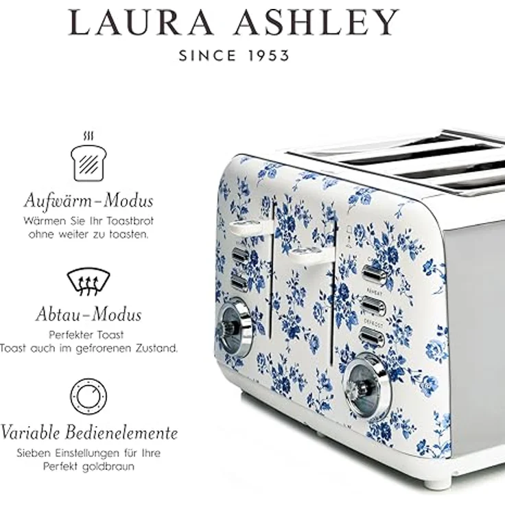 VQ Laura Ashley 4-Scheiben-Toaster, Edelstahl Vintage-Toaster mit 7 Bräunungsstufen, Auftau- und Aufwärmfunktion, China Rose – Bild 5