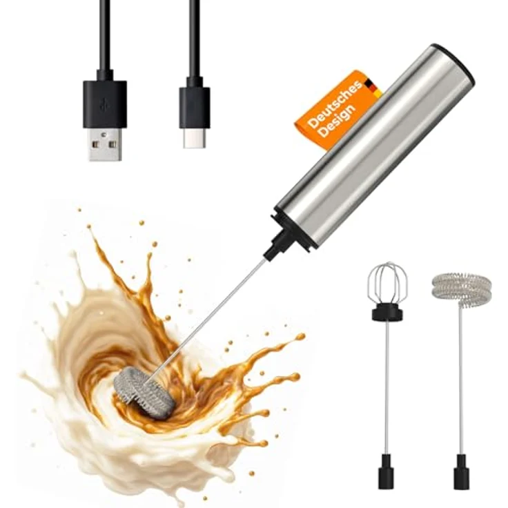 LUNARIA Elektrischer Milchaufschäumer Stab, kabellos mit Akku & USB, Edelstahlspirale für perfekte Milchaufschäumung in Silber – Bild 2