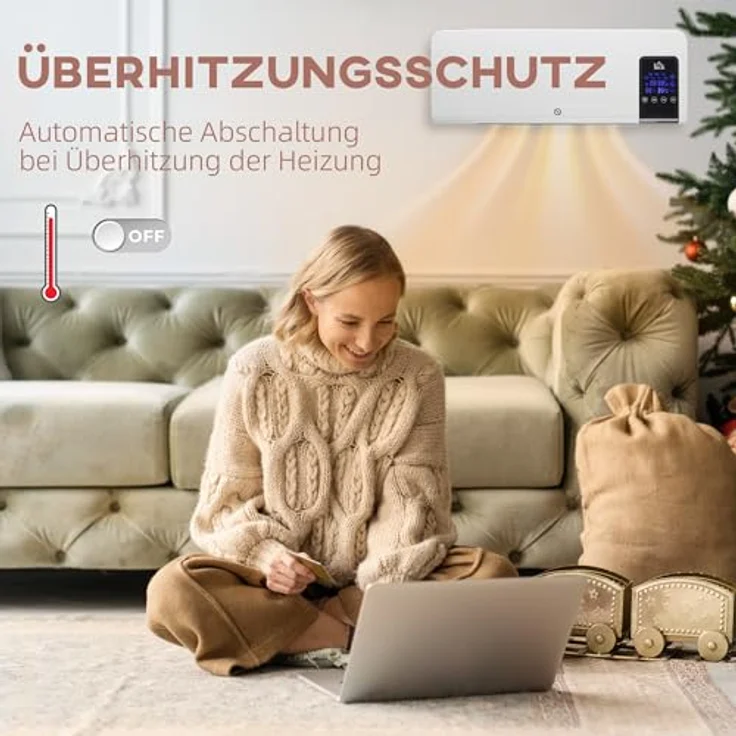 HOMCOM Heizlüfter zur Wandmontage 2000W, Keramik-Wandheizung mit Fernbedienung, Schwenkfunktion, LED-Display und 12h Timer, für Wohnzimmer, Schlafzimmer und Badezimmer – Bild 5