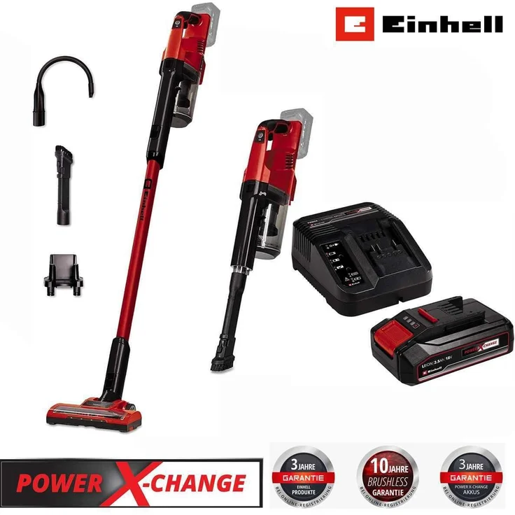 Einhell Akku-Stielstaubsauger TE-SV 18 Li-18V+ inkl. Akku 2.5 Ah + Ladegerät, Handstaubsauger mit 3-fach Filtersystem und 2-in-1 Funktion