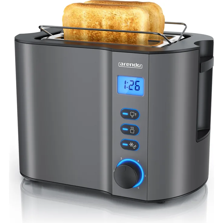 Arendo Toaster Edelstahl 2 Scheiben Kurzschlitz, Brötchenaufsatz, Doppelwand, Display mit Restzeitanzeige, Toaster, Grau